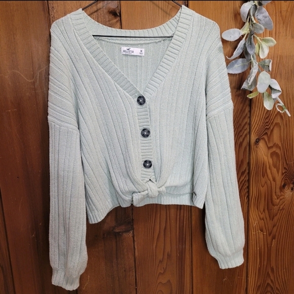 Hollister Women's Mint Green Buttons Sweater Medium Ribbed Knit V Neck Sweater - Picture 2 of 8